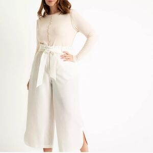 Eloquii Ivory Paper Bag Waist Self Tie Belted Cropper Wide Leg Trousers Size 16